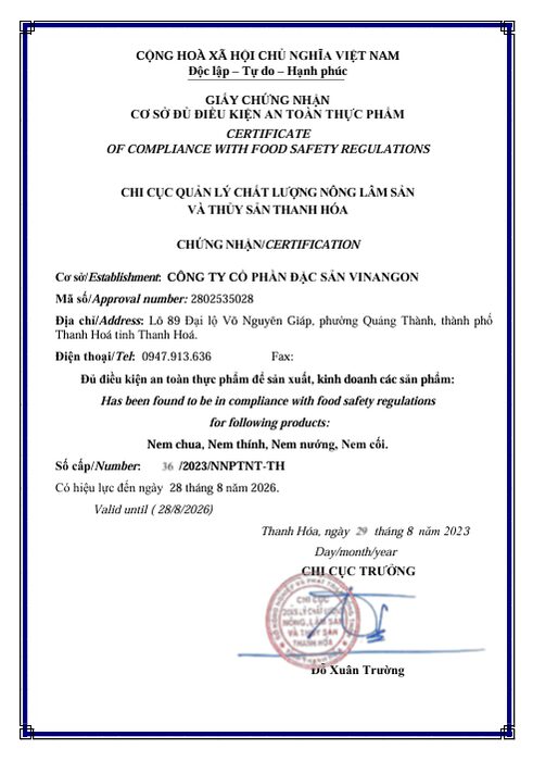 Chứng nhận VSATTP